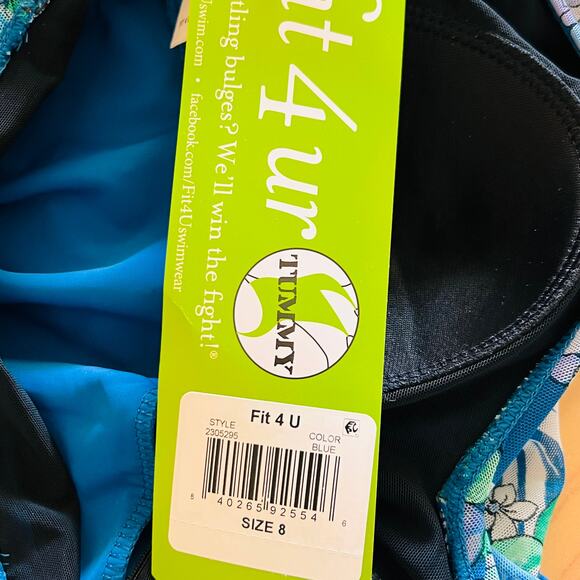 Fit 4 U Blue Floral Tankini Swim Top Mesh Overlay Handkerchief Hem Size 8 New - Picture 9 of 11